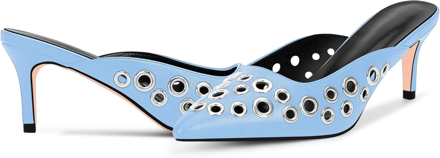 100FIXEO Women's Studded Metal Eyelet Perforated Pumps Stiletto High Heel Pointed Toe Mule Shoes