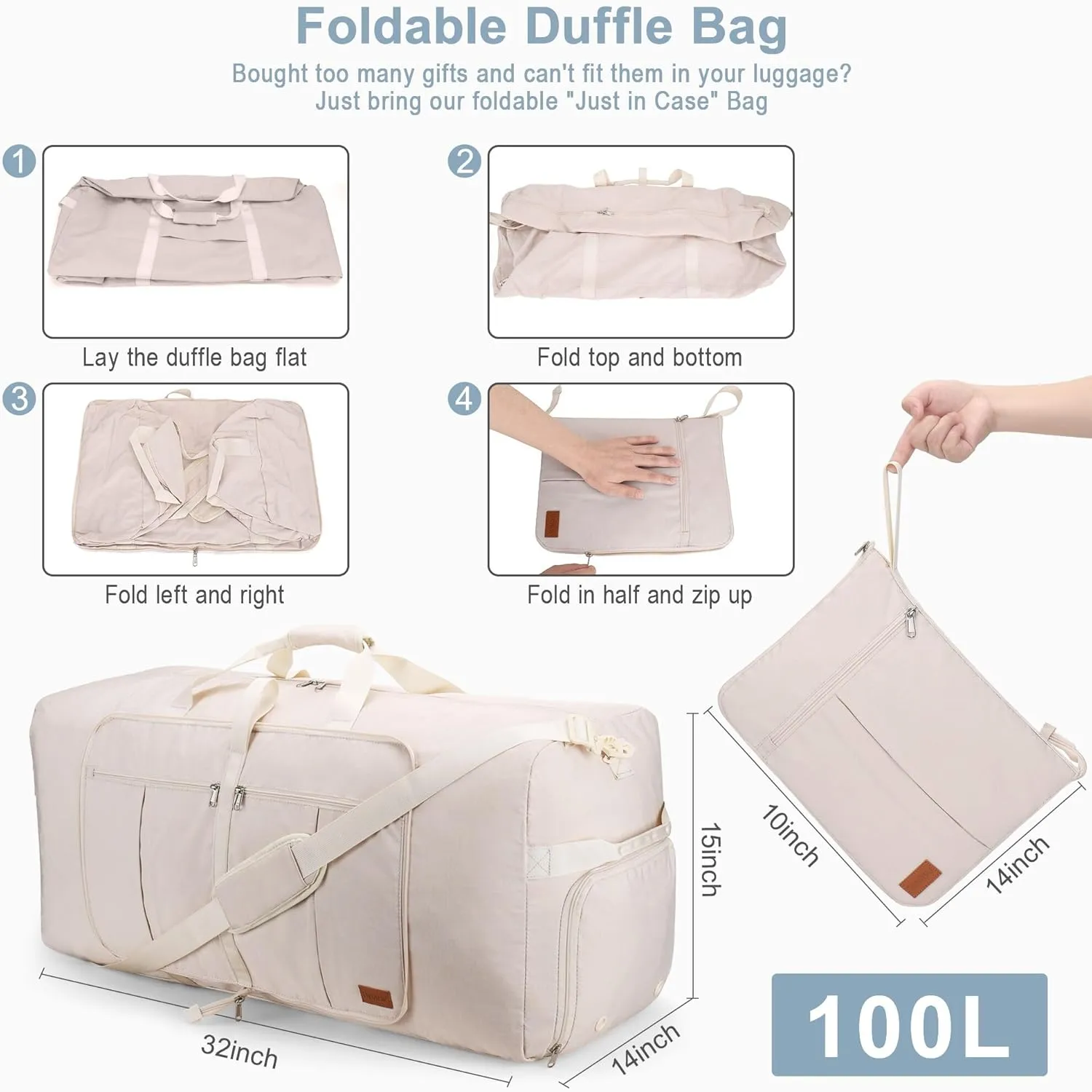100L Travel Duffle Bag for Men and Women, Urtala 32” Large Duffle Bag for Traveling with Shoe Compartment, Foldable Duffel Bag Water & Tear Resistant (Beige)
