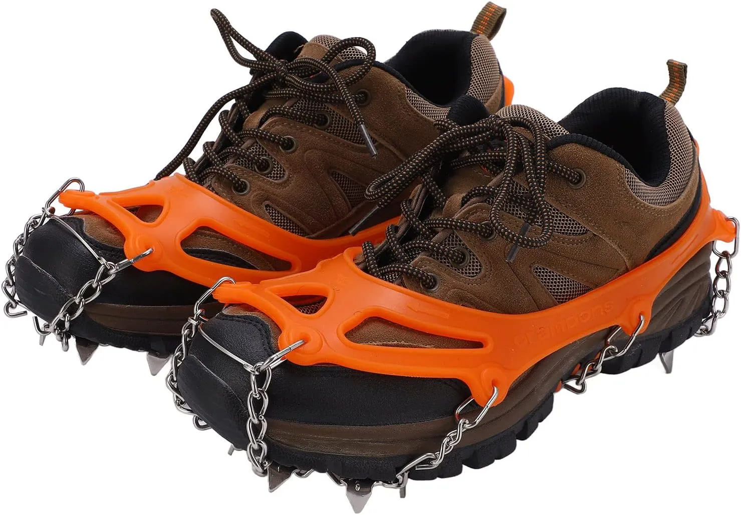 12 Tooth Mountaineering Crampons, Wearproof Skid Snow Shoes Accessory, Made of SiO2 Gel and Stainless Steel, Orange, with Thickened Steel Claws for Outdoor Use