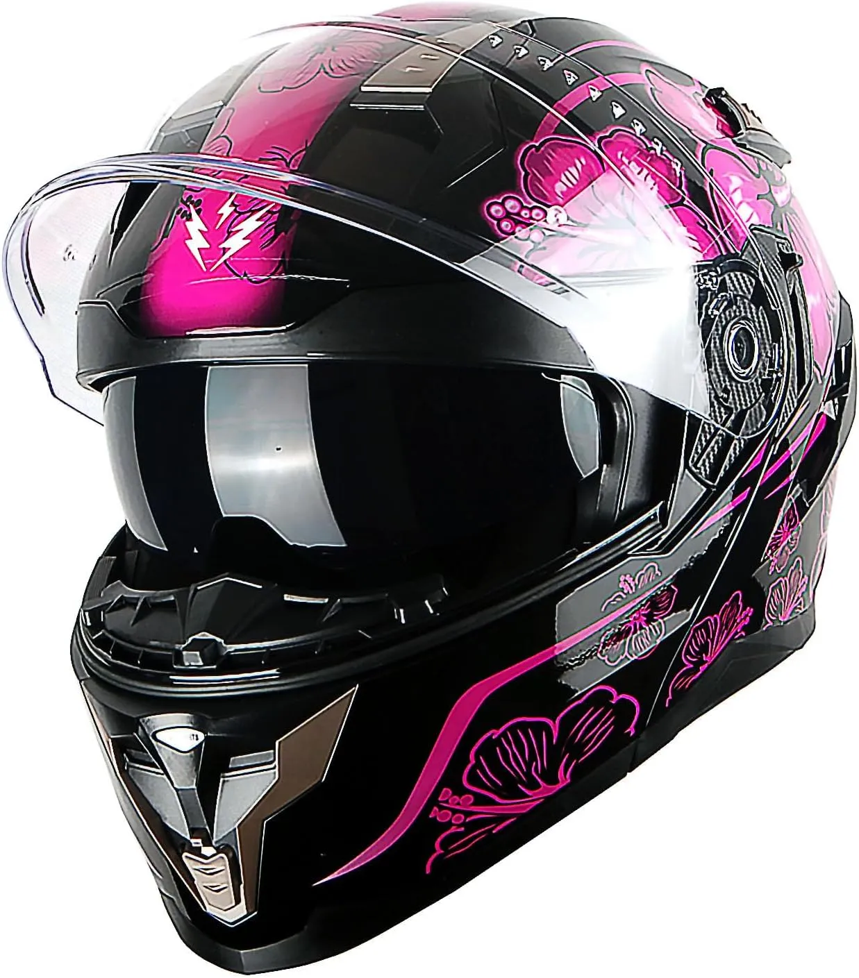 1Storm Motorcycle Modular Full Face Helmet DOT Adults Street Bike Flip up Dual Visor Sun Inner Shield Anti Fog Pinlock Ready Shield: Flower Purple