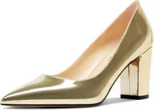 Aachcol Women Pumps Pointed Toe Slip on Mid Heel Dress Office Chunky Block Heels Shoes 3 Inches