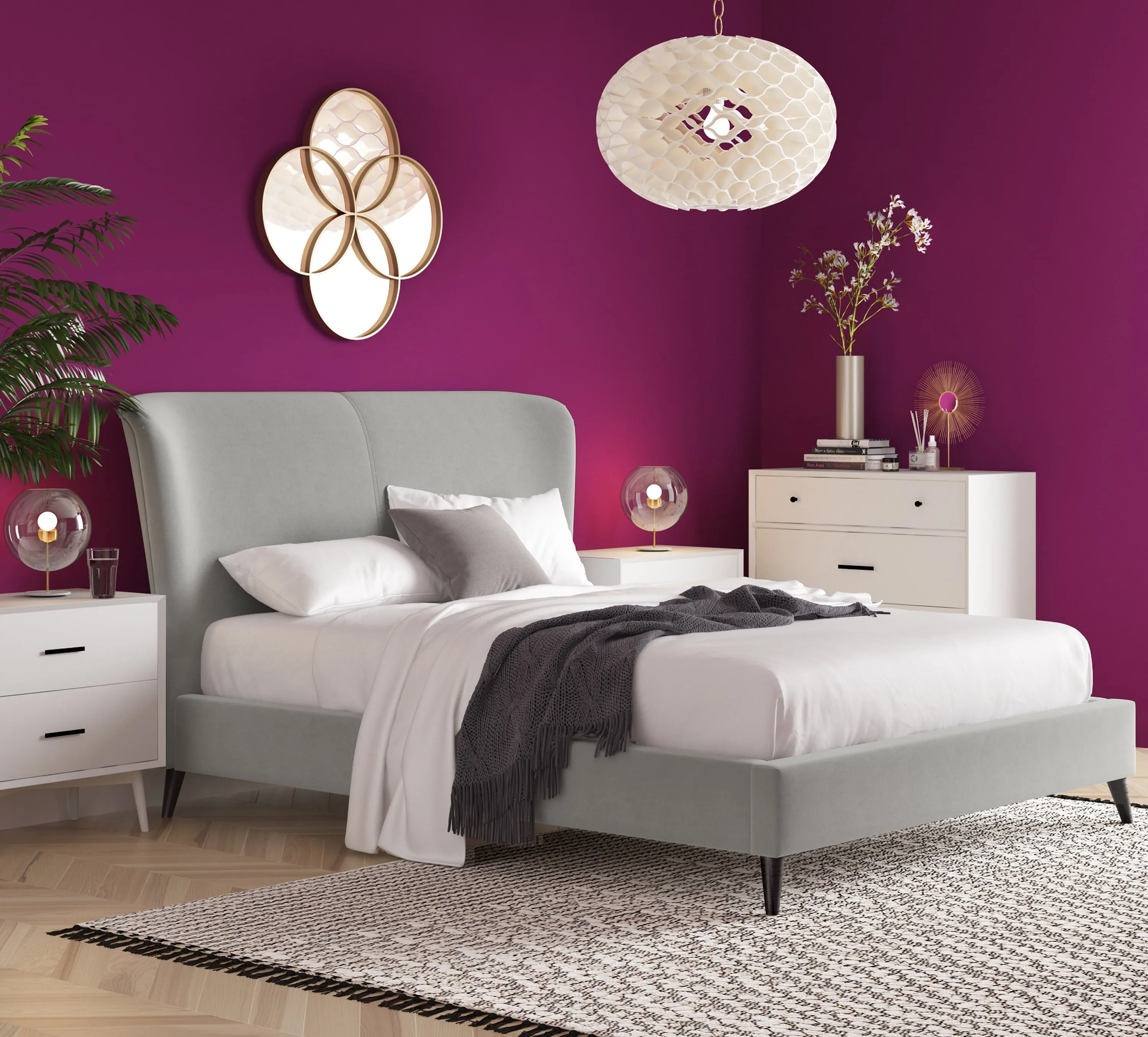 Adore Decor Adele Velvet Upholstered King Size Bed Frame with Winged Headboard, Gray