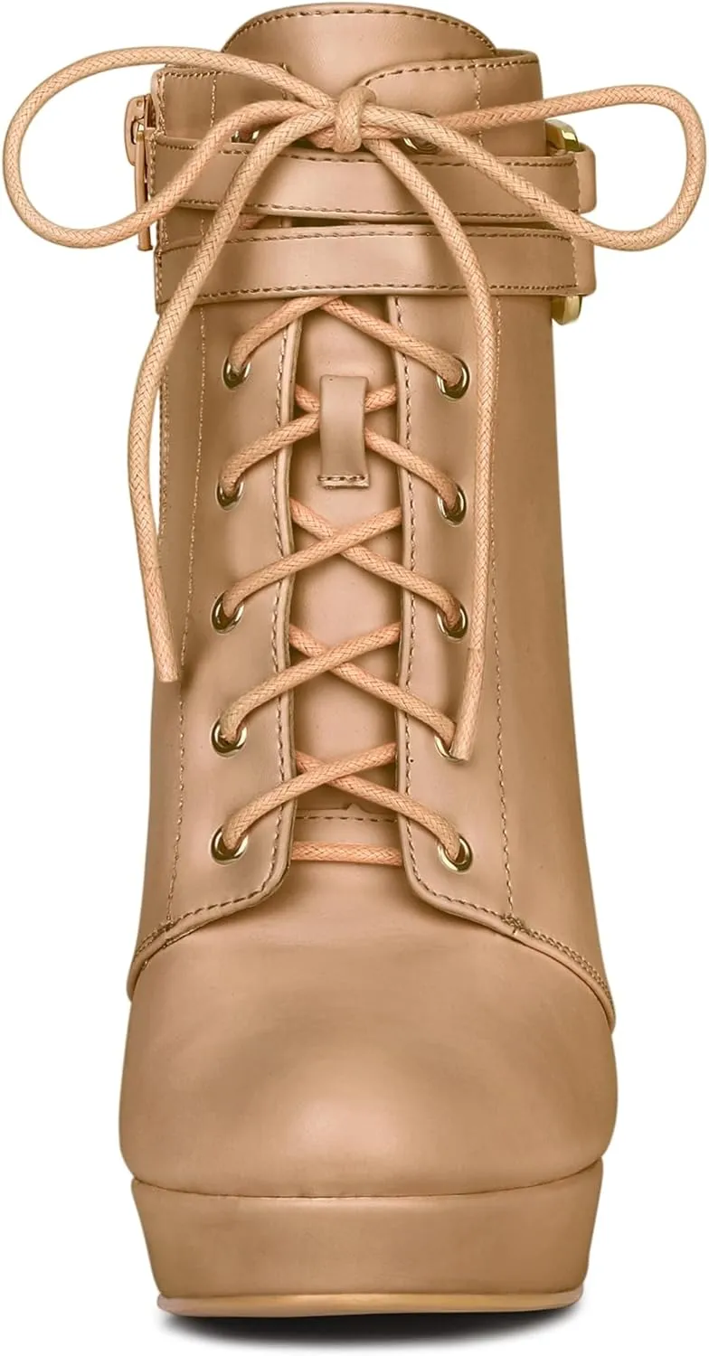 Allegra K Women's Lace Up Strap Platform Block Heels Ankle Boots