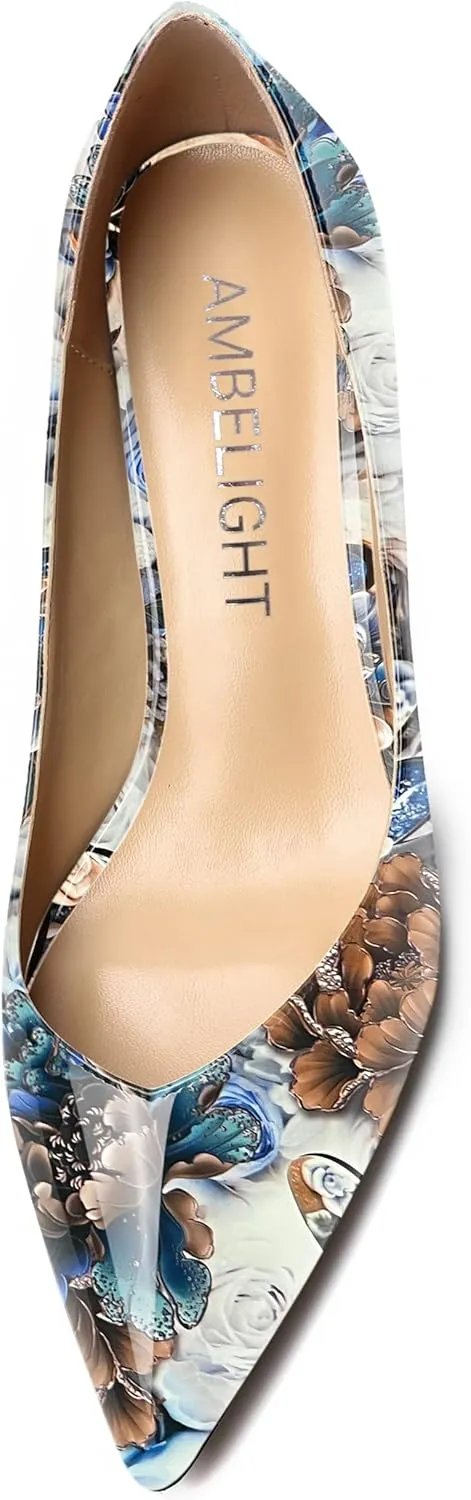 AMBELIGHT Womens Dress Patent Slip On Solid Evening Pointed Toe Chunky Low Heel Pumps Shoes 2 Inch
