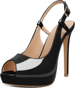 AUMOTED Women's High Heel Slingback Pumps Stilettos High Heels Patent Slingback Pumps Solid Peep Toe Platform Stilettos Pumps Dating Party Dress Shoes 4.7 Inch