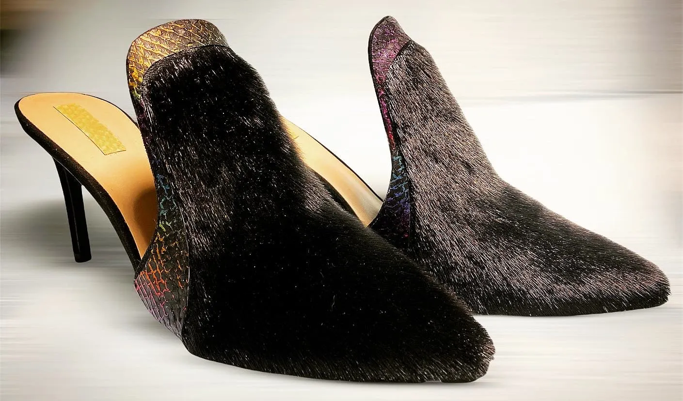 Black Harp Seal Fur & Fish Skin Leather Mules - Size 8
