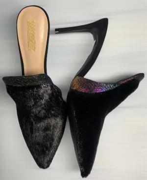 Black Harp Seal Fur & Fish Skin Leather Mules - Size 8