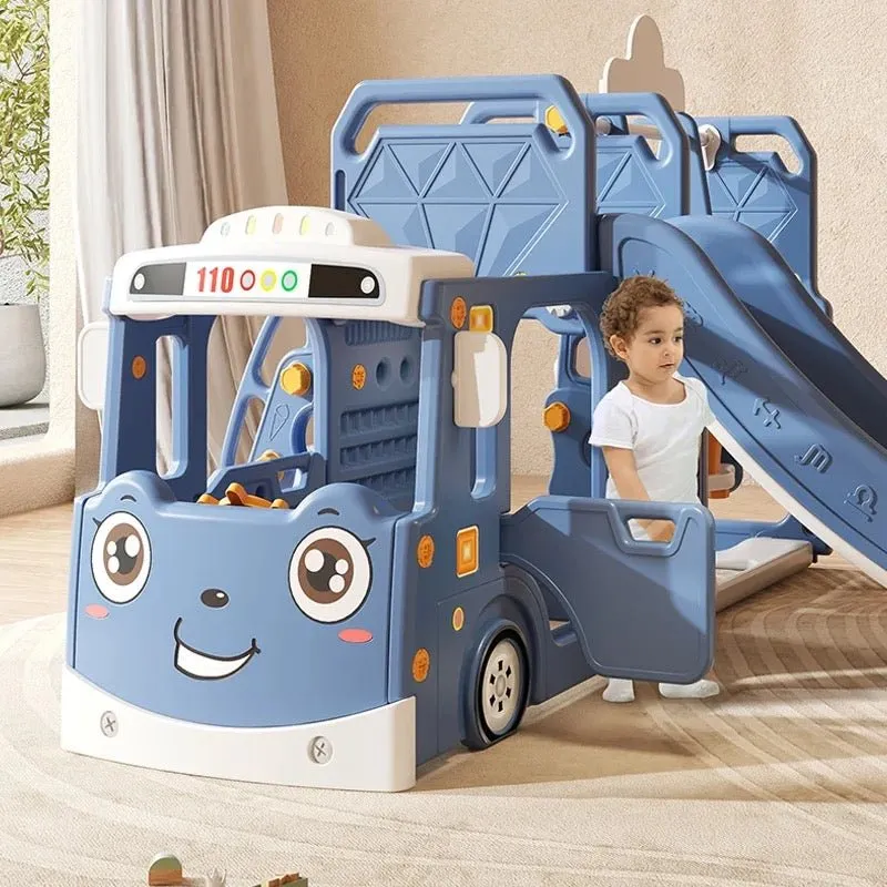 Blue Bus Shape Slide And Swing Playground Indoors And Outdoors Fun
