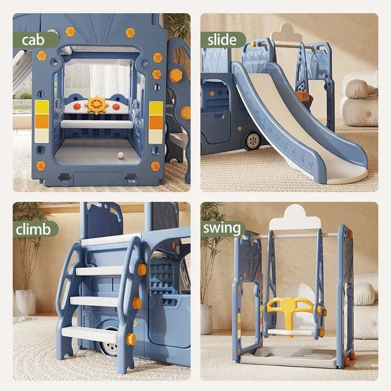 Blue Bus Shape Slide And Swing Playground Indoors And Outdoors Fun