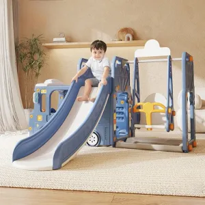 Blue Bus Shape Slide And Swing Playground Indoors And Outdoors Fun