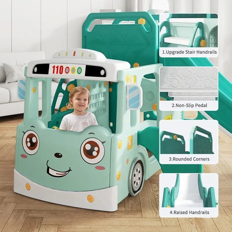 Blue Bus Shape Slide And Swing Playground Indoors And Outdoors Fun
