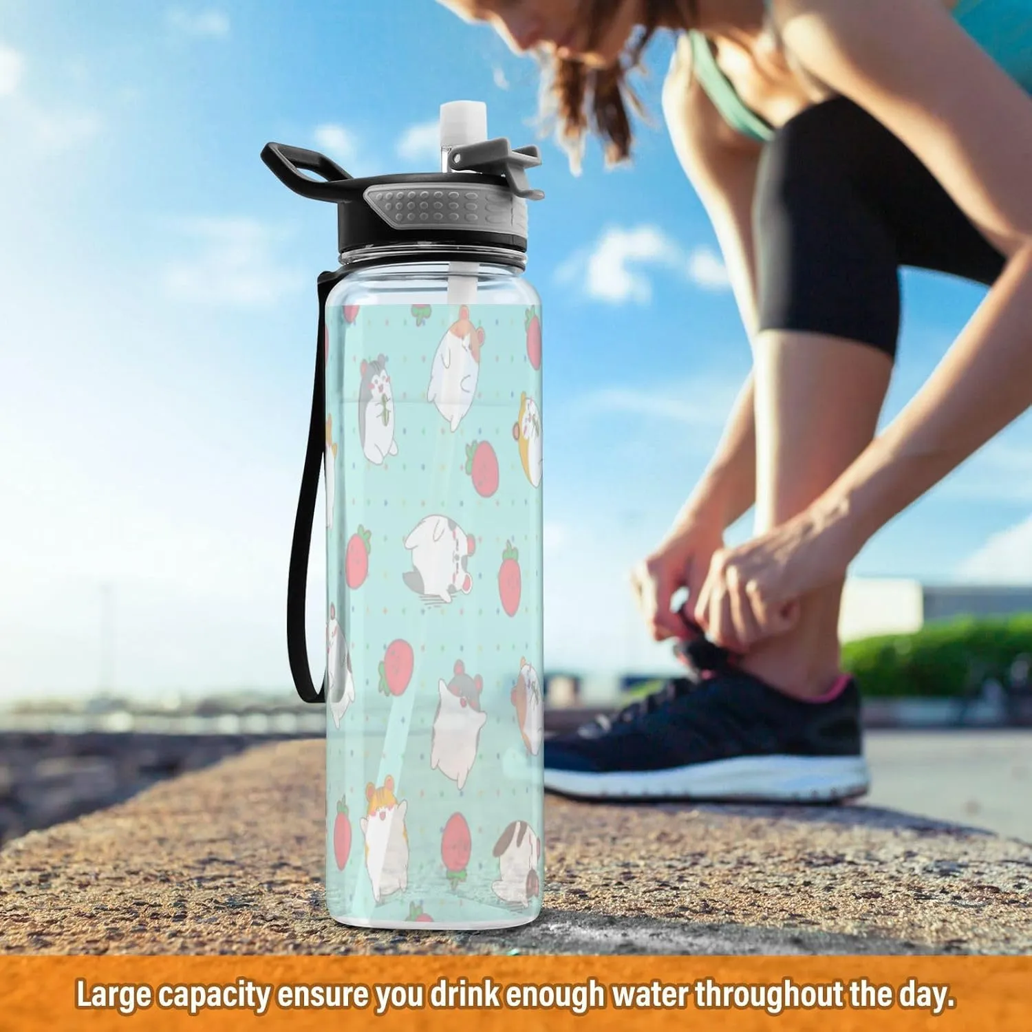 Caikeny Kawaii Strawberry Hamsters Water Bottle with Straw Mint Green Sports Bottles BPA-Free Tritan Water Jug with Carrying Strap for Women Men Gym