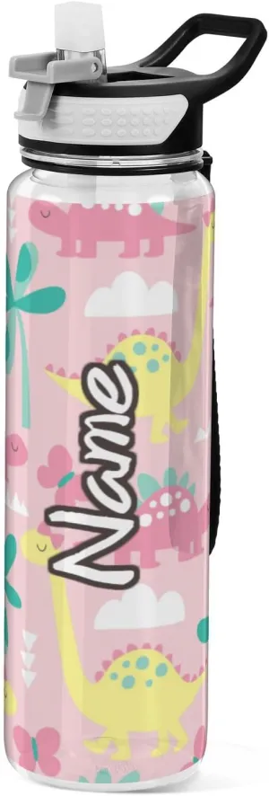 Caikeny Personalized Custom Water Bottle with Straw colorful Dinosaur Sports Bottles BPA-Free Tritan Palm Tree Water Jug with Carrying Strap for Gym Office Outdoor Sports