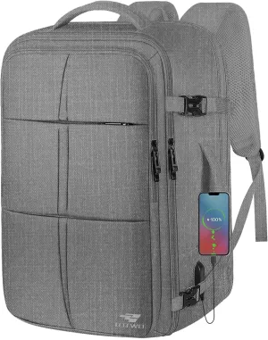 Carry On Backpack, Travel Backpack Flight Approved with USB Charging Port, 55L Expandable Weekender Daypack Overnight Fits 18.4 Inch Laptops Suitcase Bag, Grey