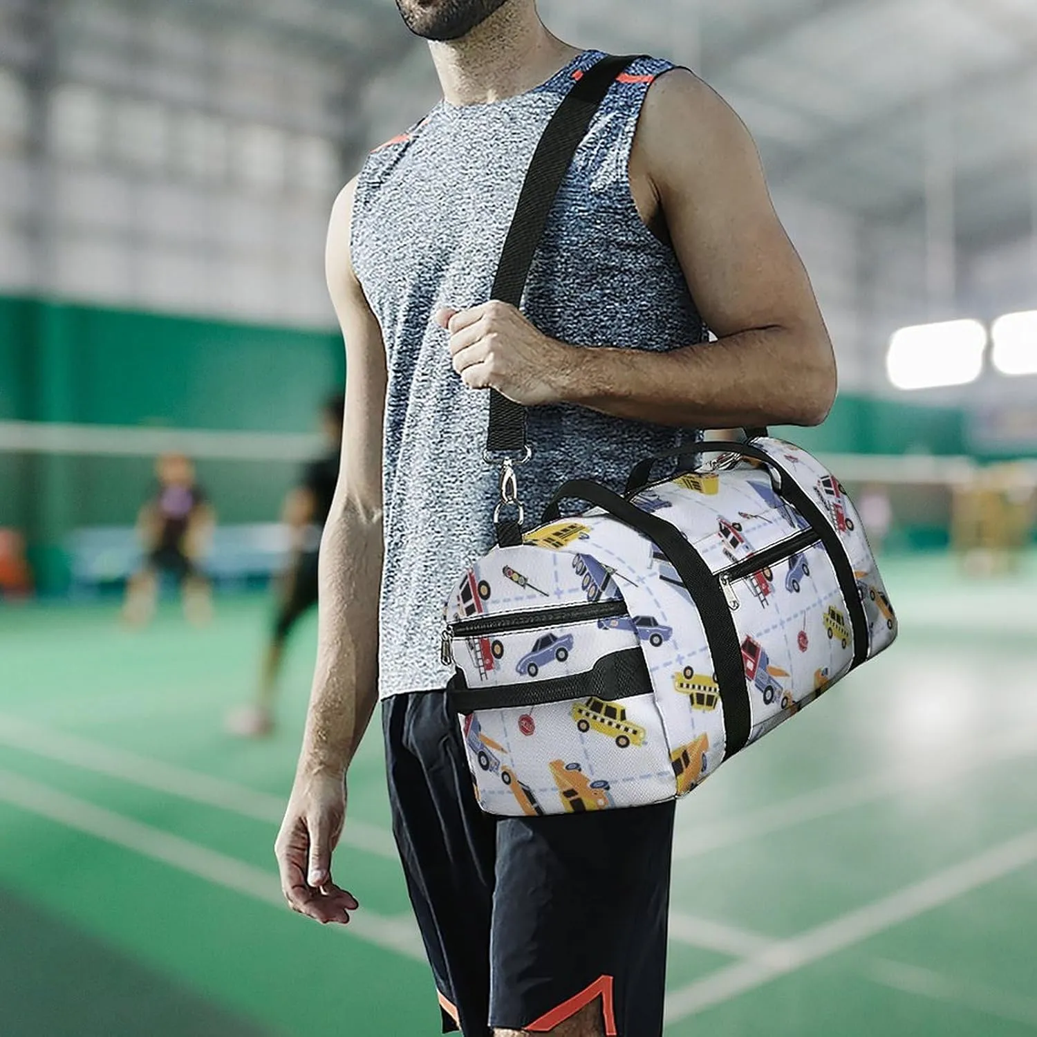 Cartoon Transport Cars Fitness Large Gym Bag for Unisex with Shoe Compartment & Wet Pocket