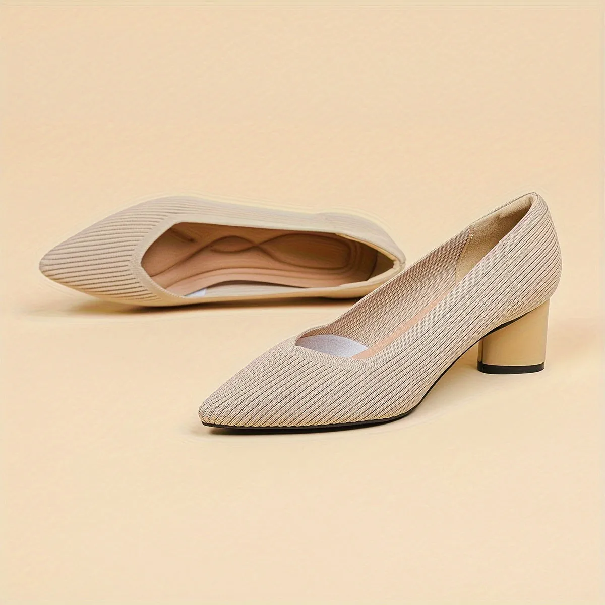 Chic Womens Knit Slip-On Pumps - Soft Chunky Heels, Pointed Toe, Breathable Comfort - Ideal for Work & Casual Style