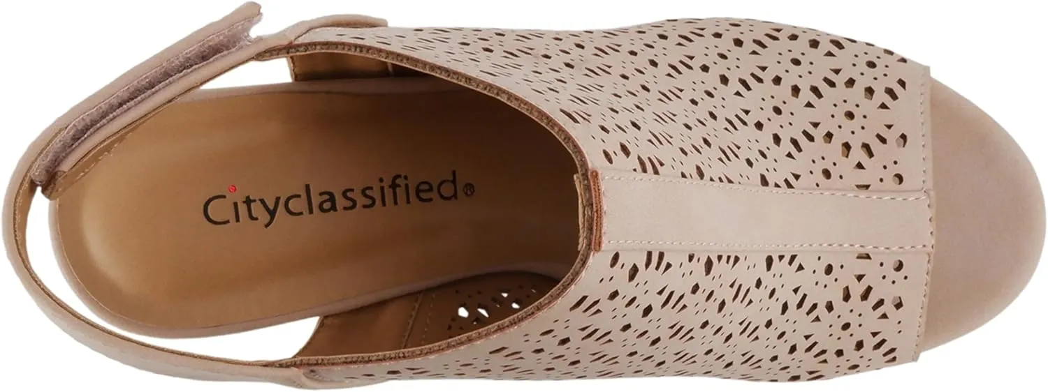 CITYCLASSIFIED “Elect” ~ Women’s Peep Toe Laser Cut Geometric Caged Slingback Ankle Strap Low Stacked Heel Ankle Bootie