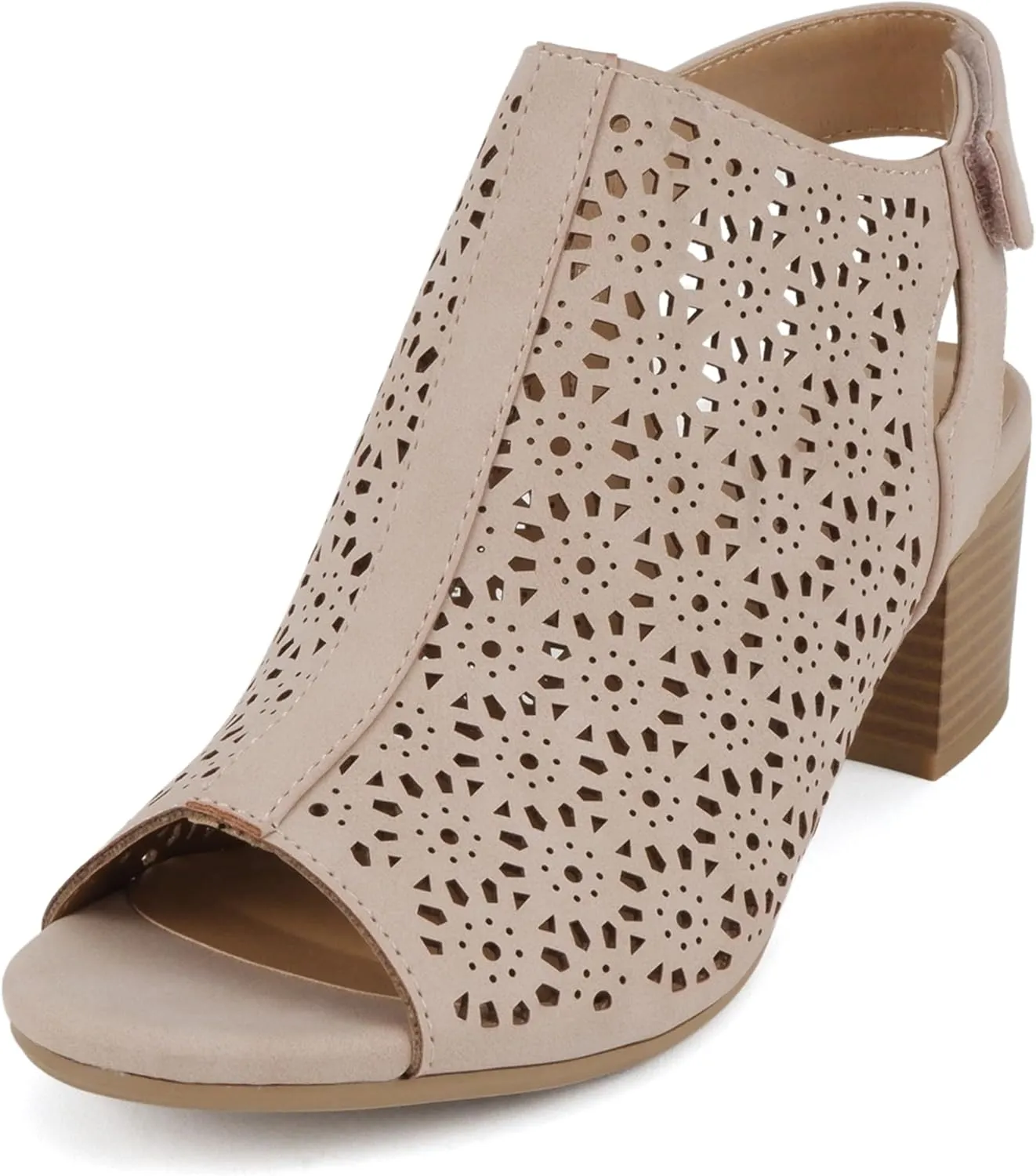 CITYCLASSIFIED “Elect” ~ Women’s Peep Toe Laser Cut Geometric Caged Slingback Ankle Strap Low Stacked Heel Ankle Bootie
