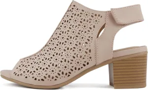 CITYCLASSIFIED “Elect” ~ Women’s Peep Toe Laser Cut Geometric Caged Slingback Ankle Strap Low Stacked Heel Ankle Bootie