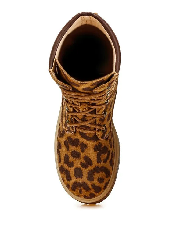 Clione Leopard Print Suede Boots - Chunky Heel, Lace-Up, Quilted Collar