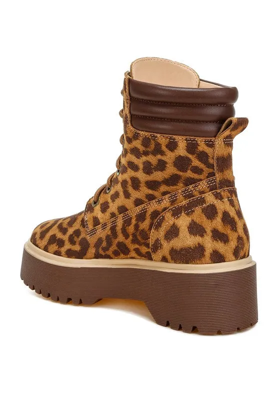 Clione Leopard Print Suede Boots - Chunky Heel, Lace-Up, Quilted Collar