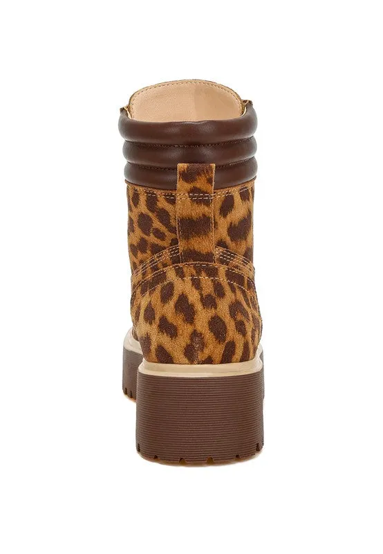 Clione Leopard Print Suede Boots - Chunky Heel, Lace-Up, Quilted Collar