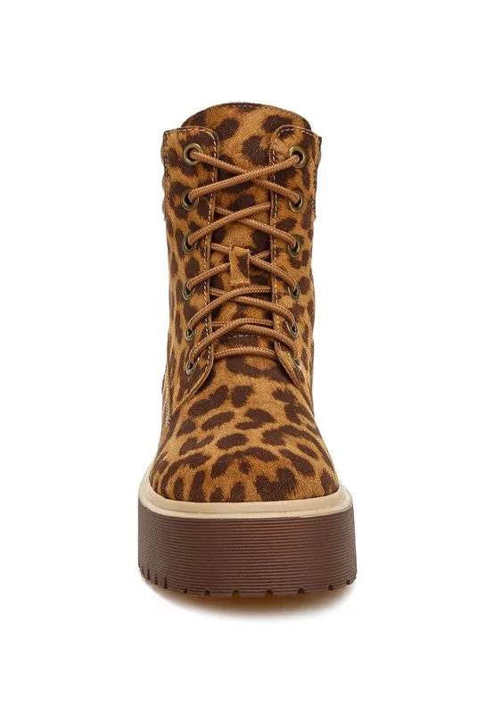Clione Leopard Print Suede Boots - Chunky Heel, Lace-Up, Quilted Collar