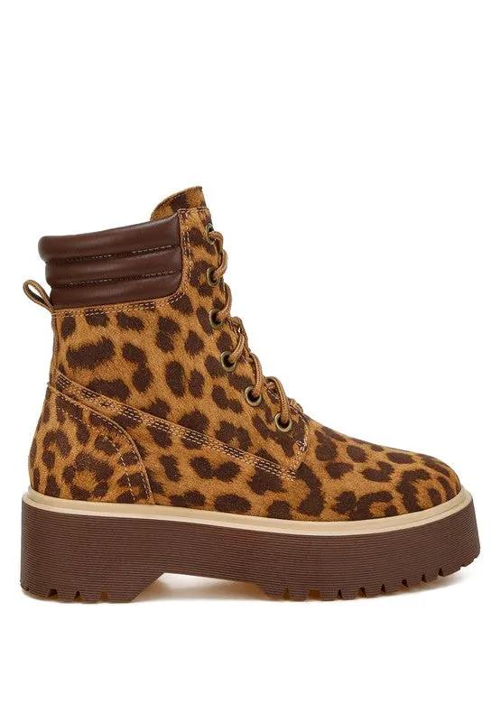 Clione Leopard Print Suede Boots - Chunky Heel, Lace-Up, Quilted Collar