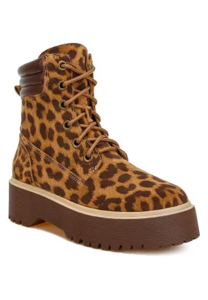 Clione Leopard Print Suede Boots - Chunky Heel, Lace-Up, Quilted Collar