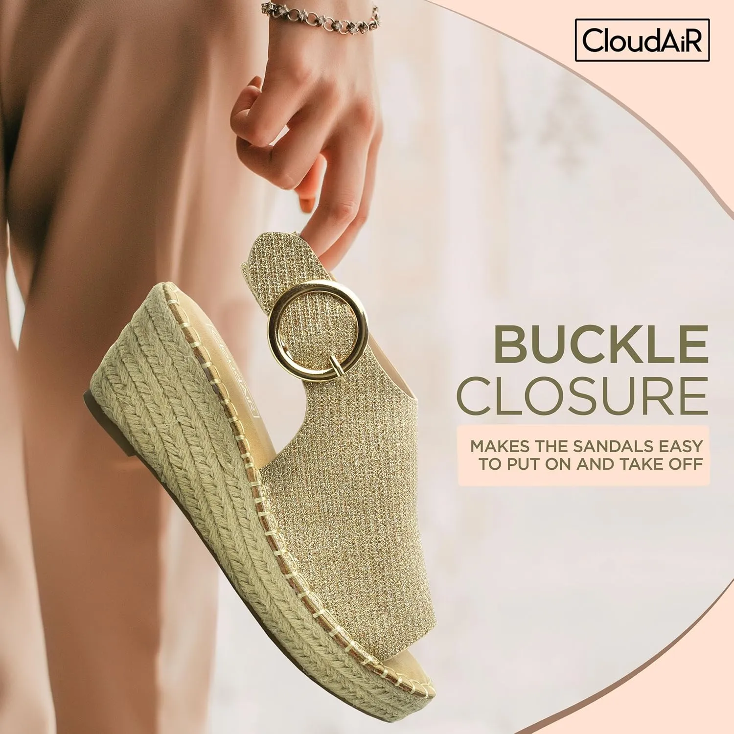 CLOUDAIR Selina Women's Espadrille Wedge Sandals - Comfortable and Stylish Platform Slip On Sandals with Buckle Closure, Comfy Wedge Heels for Women, Fashion Summer Sandals