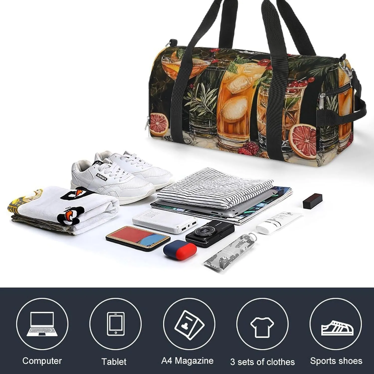 Cocktails Pattern Fitness Large Gym Bag for Unisex with Shoe Compartment & Wet Pocket