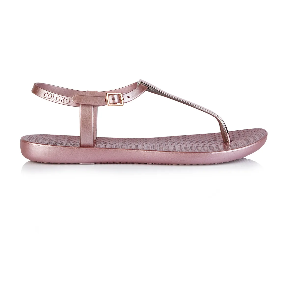 Coloko Sakura Metallic Rose Pink Chrome Curve Slim Sole T-bar Flip Flops Sandals