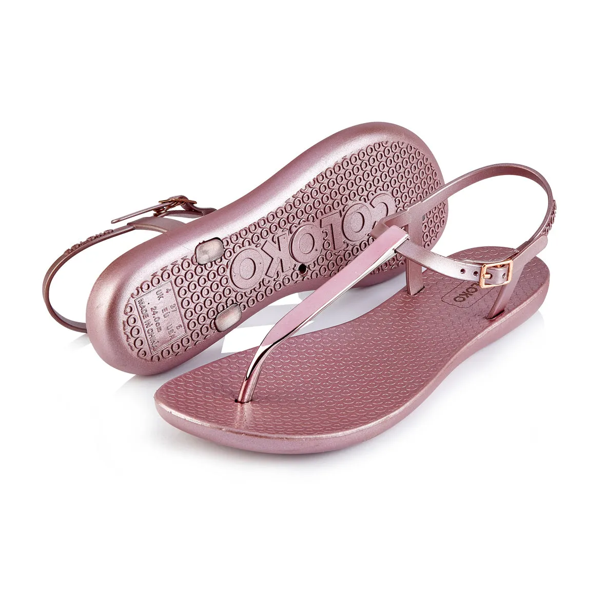 Coloko Sakura Metallic Rose Pink Chrome Curve Slim Sole T-bar Flip Flops Sandals