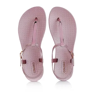 Coloko Sakura Metallic Rose Pink Chrome Curve Slim Sole T-bar Flip Flops Sandals
