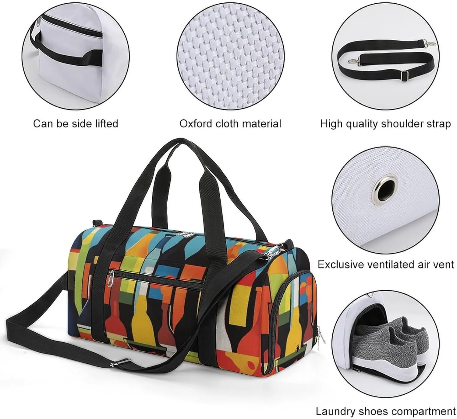 Colorful Wine Bottles Fitness Large Gym Bag for Unisex with Shoe Compartment & Wet Pocket