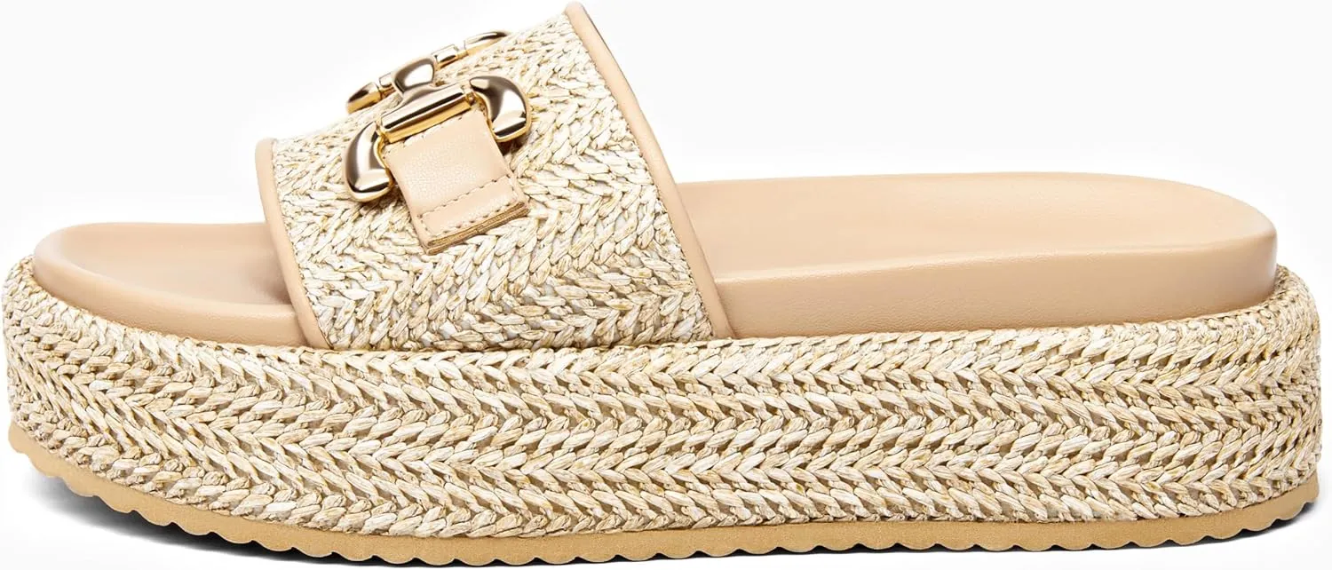Coutgo Womens Platform Sandals Raffia Espadrilles Metal Chain Slip on Open Toe Cute Beach Slide Sandals