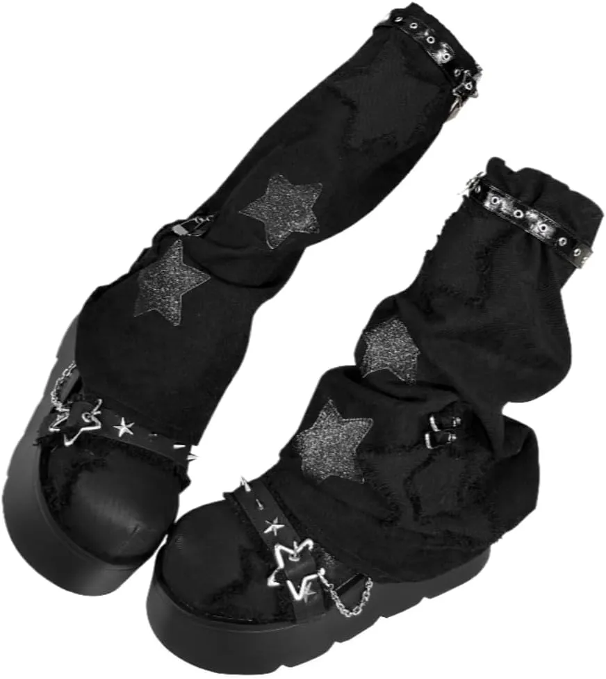 Cute Goth Star Shoes for Women with 2 Charms Chunky Platform Lace-up Thick Soles Round Toe Shoes Kawaii Punk Y2K Aesthetic Lolita Trendy Gifts for Girls with Accessories Including Chains and Stars
