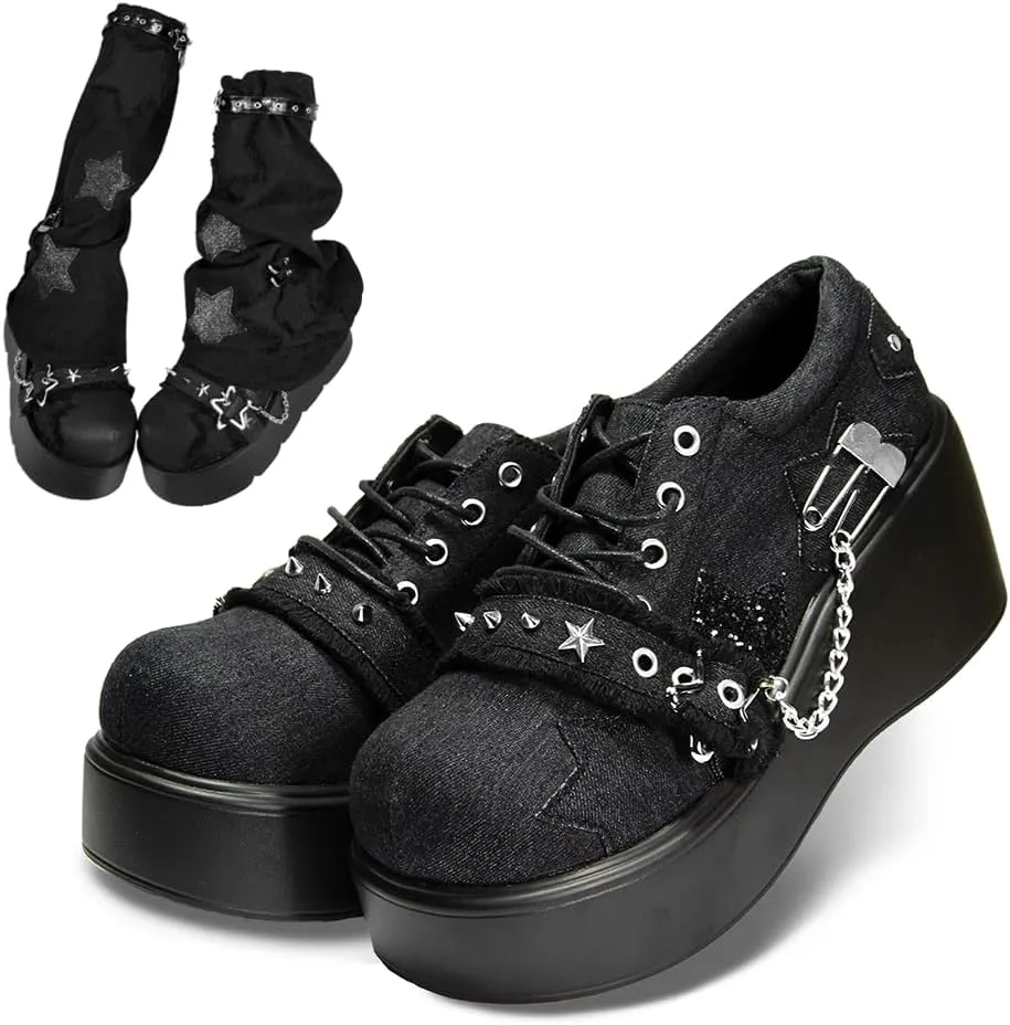 Cute Goth Star Shoes for Women with 2 Charms Chunky Platform Lace-up Thick Soles Round Toe Shoes Kawaii Punk Y2K Aesthetic Lolita Trendy Gifts for Girls with Accessories Including Chains and Stars