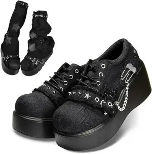 Cute Goth Star Shoes for Women with 2 Charms Chunky Platform Lace-up Thick Soles Round Toe Shoes Kawaii Punk Y2K Aesthetic Lolita Trendy Gifts for Girls with Accessories Including Chains and Stars
