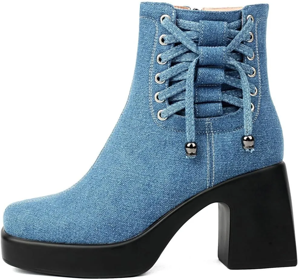 DINTAHA Denim Chunky Platform Ankle Boots Square Toe Ankle Boots High Heeled Booties