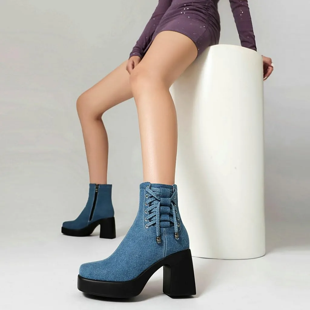 DINTAHA Denim Chunky Platform Ankle Boots Square Toe Ankle Boots High Heeled Booties