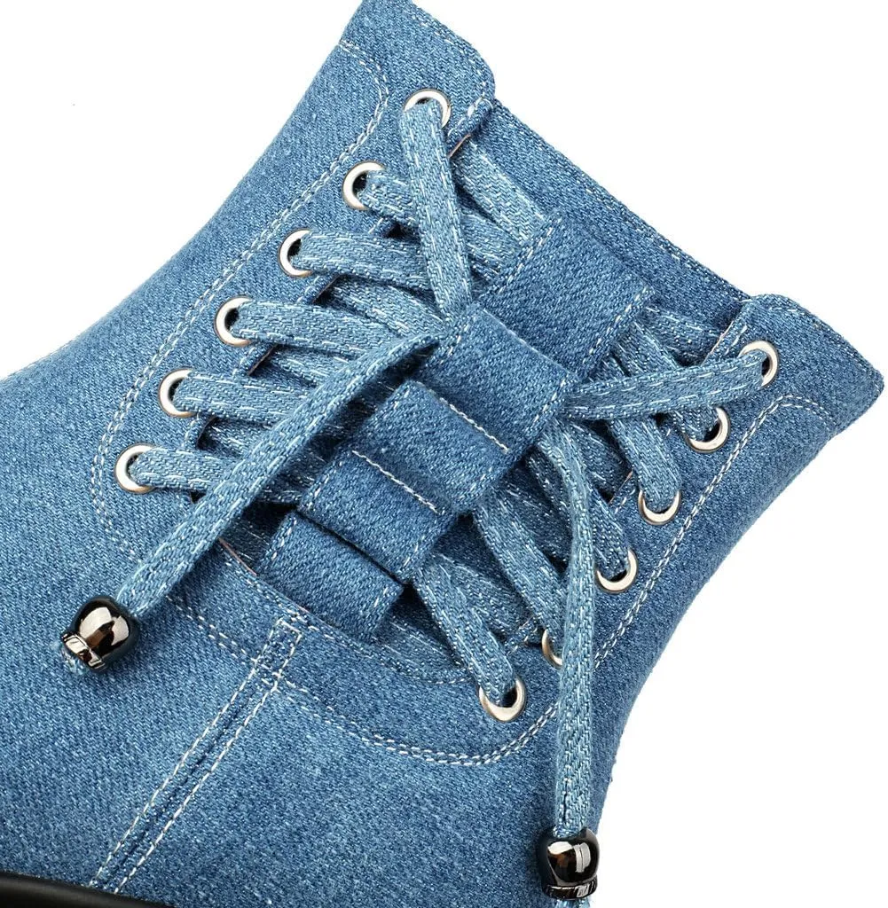 DINTAHA Denim Chunky Platform Ankle Boots Square Toe Ankle Boots High Heeled Booties