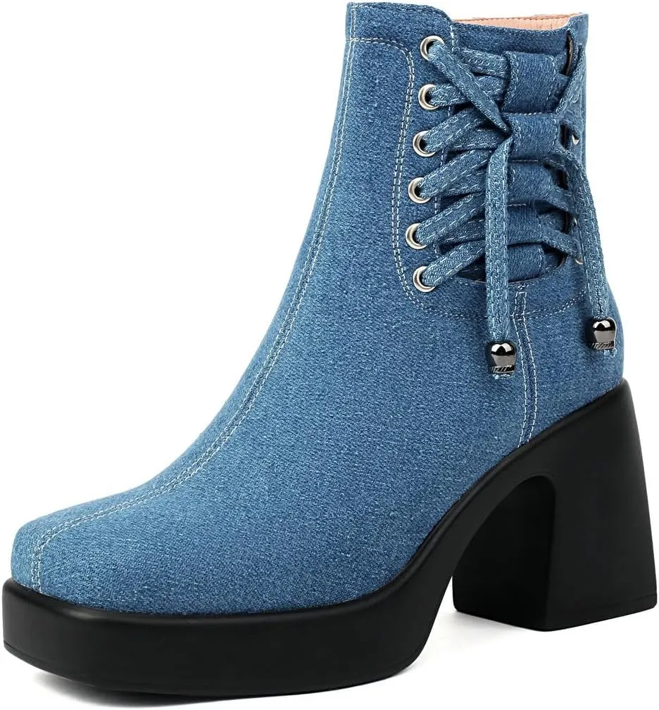 DINTAHA Denim Chunky Platform Ankle Boots Square Toe Ankle Boots High Heeled Booties