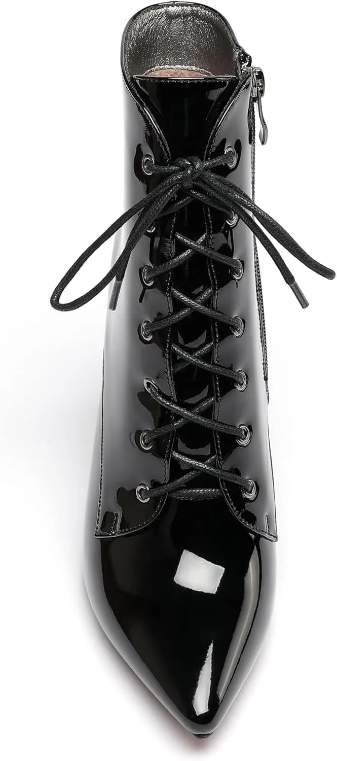 Eldof Women's Chunky Block 4 Inch High Heel Ankle Booties Pointed Toe Lace Up Side Zipper Chic Boots