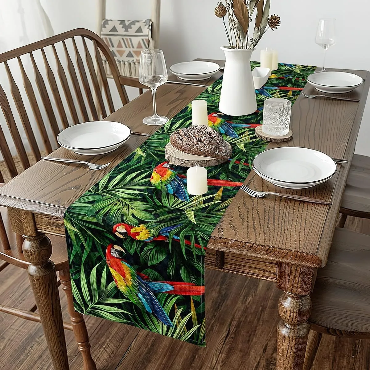 Erosebridal Parrot Birds Table Runner 13X48, Rainforest Palm Leaf Rectangular Runner, Green Wild Animal Safari Table Runners, Hawaiian Tropical Summer Table Runner