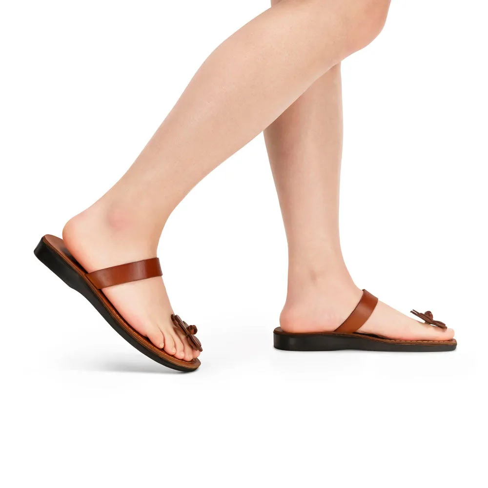 Esther - Leather Flower Flip Flops | Honey