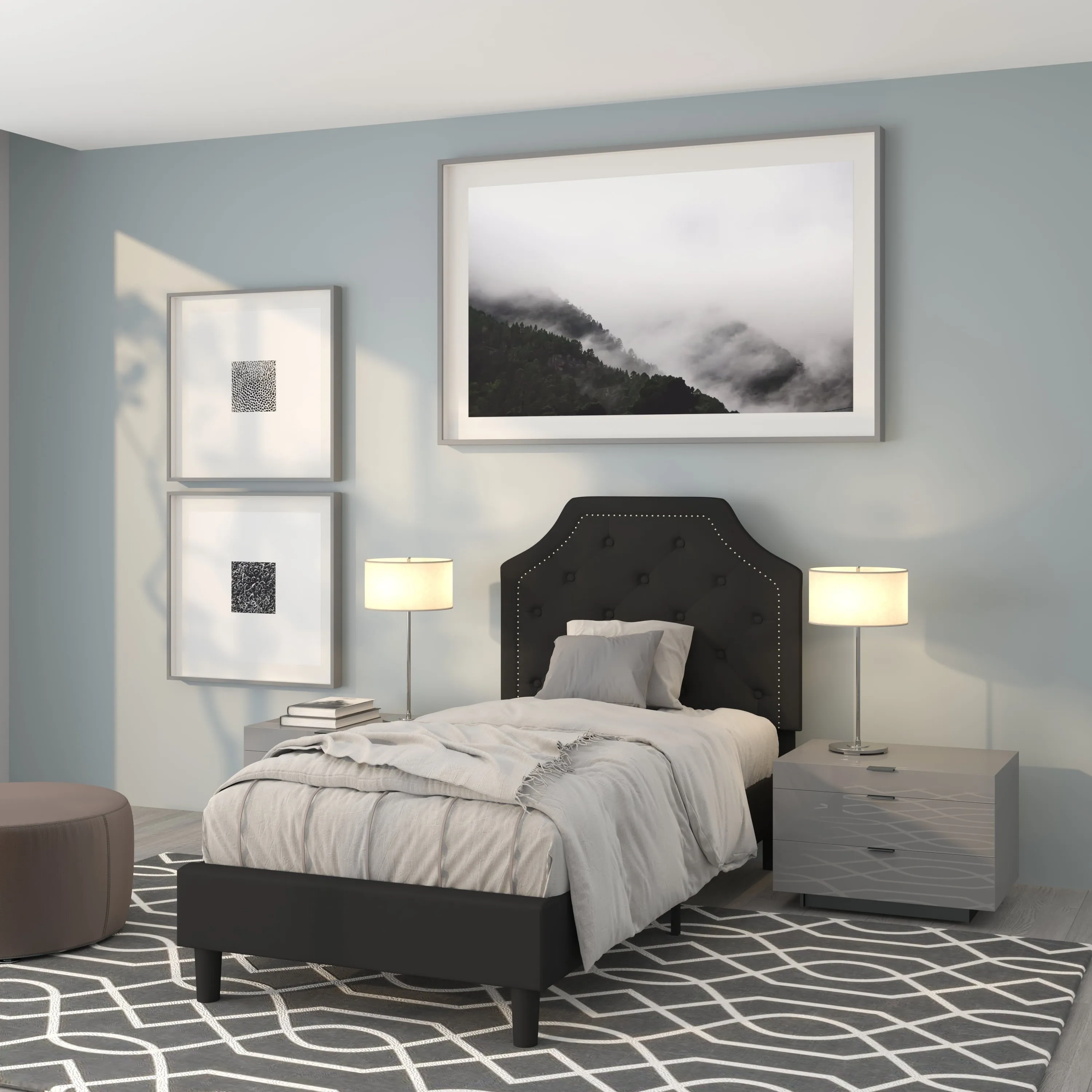 Flash Furniture Brighton Twin Size Tufted Upholstered Platform Bed in Black Fabric