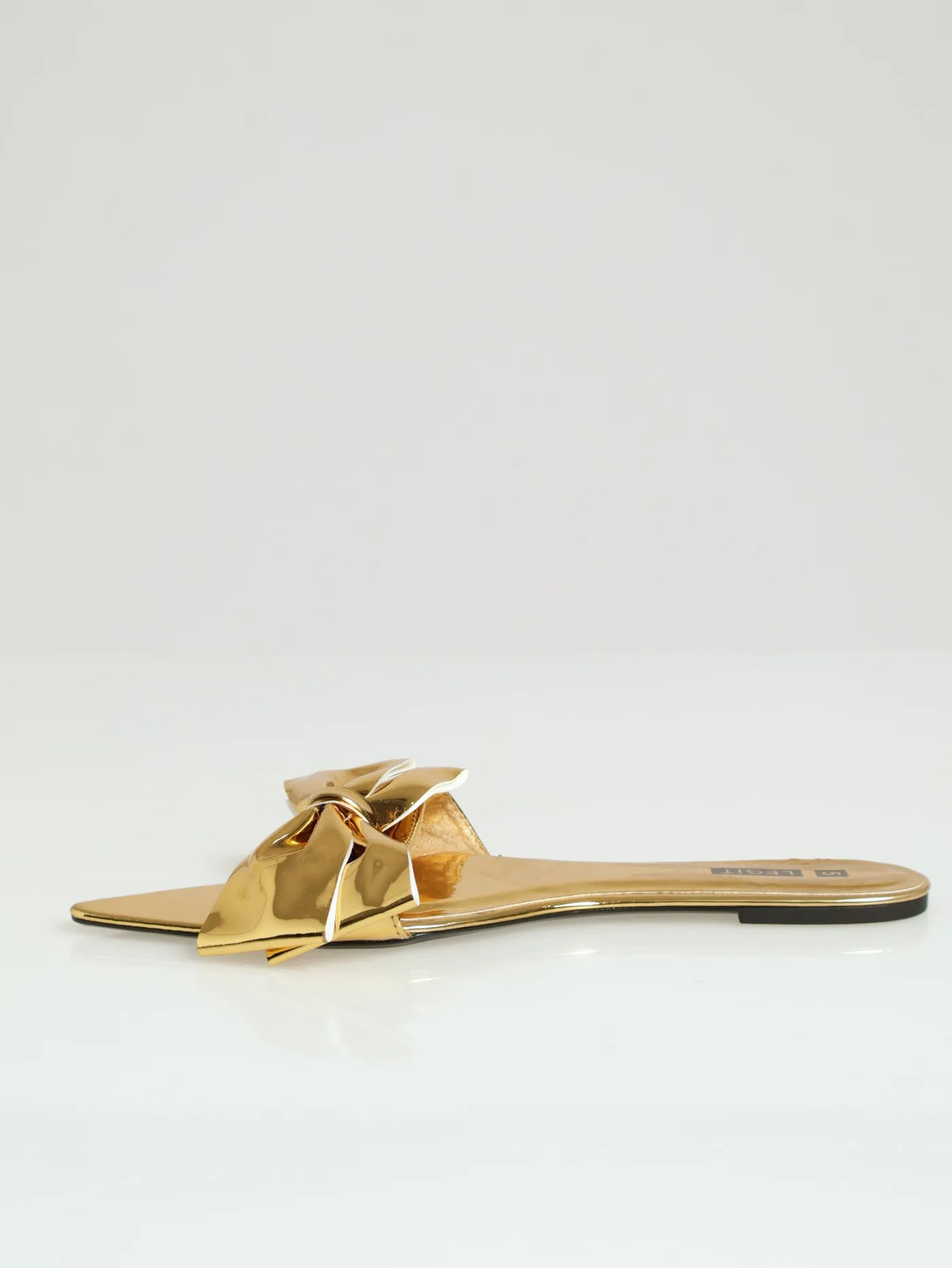 Flat One Strap Metallic Push In Mule With Bow - Gold
