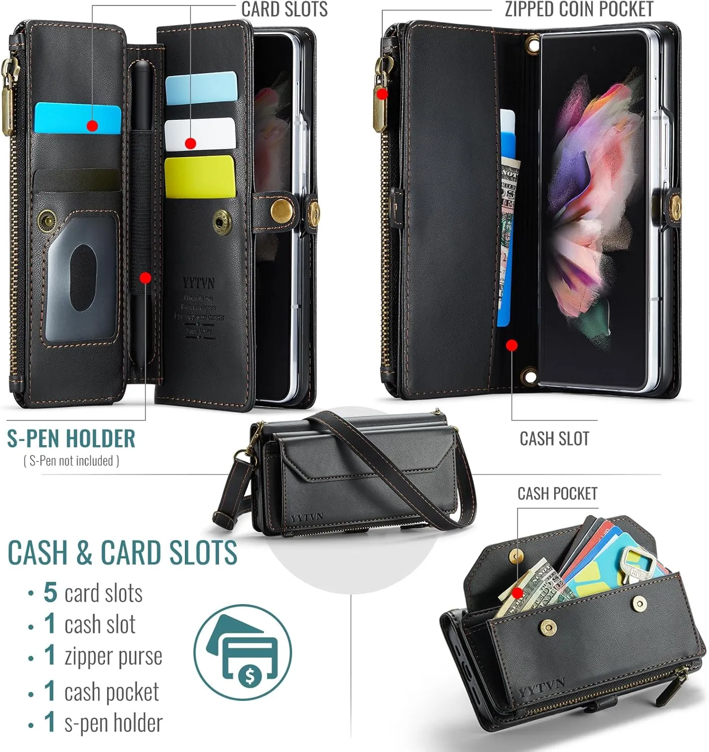 for Samsung Galaxy Z Fold 3 Wallet Case with Zipper Card Holder & Crossbody Lanyard Strap & Wrist Strap, RFID Blocking PU Leather Magnetic Flip Handbag Purse Case for Galaxy Z Fold 3 -Black