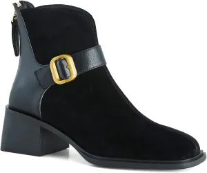 FOWT Fall Women Fashion Square Toe Suede Leather Patchwork Classic Ankle Boots Front Gold Metal Buckle Decor Block Heel Booties Chic Back Zipper Dress Uniform Casual Shoes, Black US Size 4-8.5 M